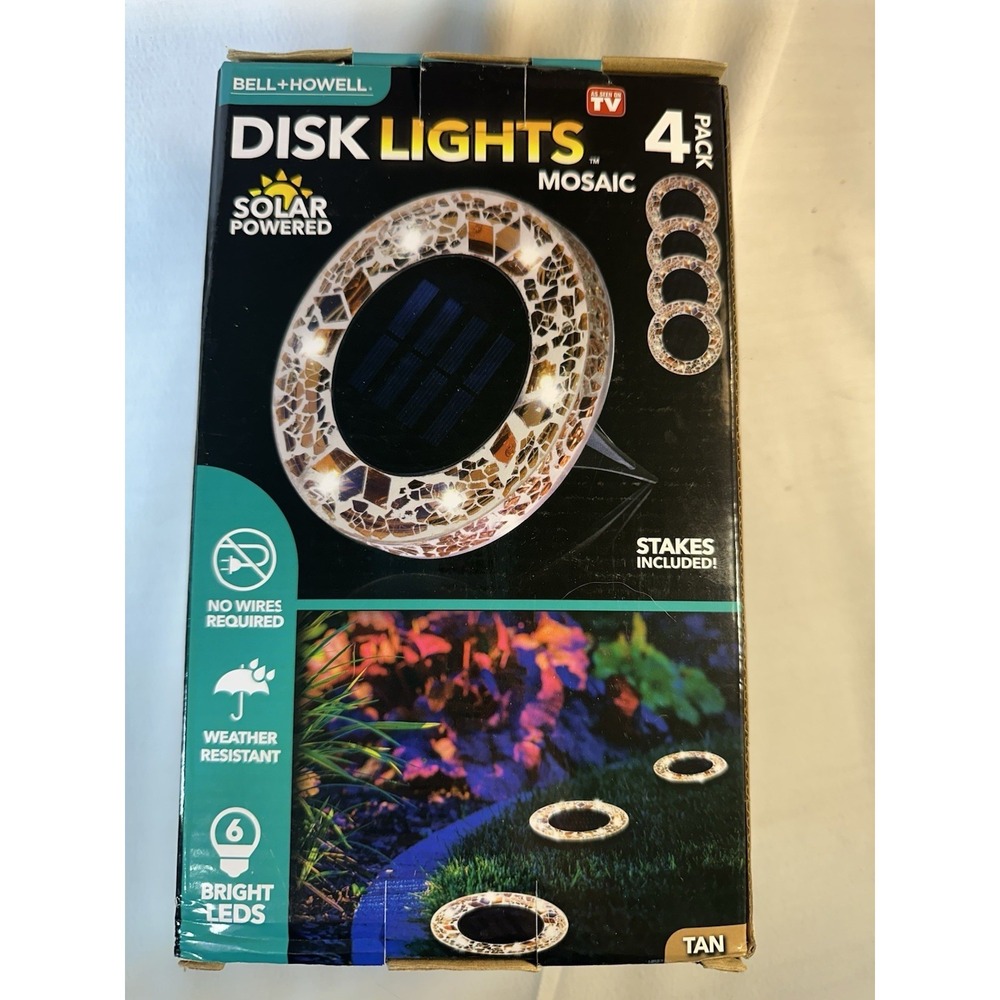 BRAND NEW Bell + Howell Solar Powered Disk Lights Mosaic Beige 4 PC Set